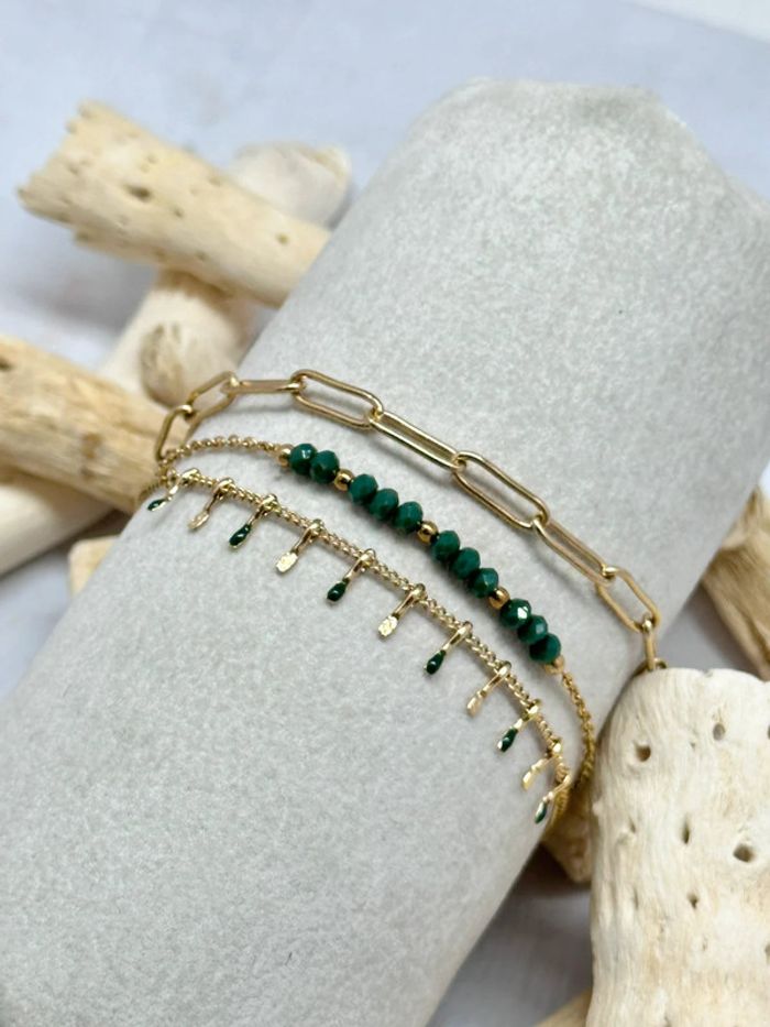 Bracelets plusieurs rangs en acier or et pierre cristal vert - photo numéro 2