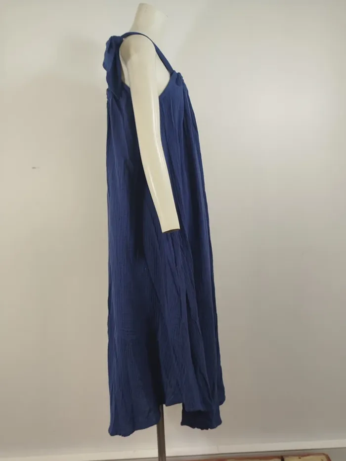 Robe longue Quintessence bleue gaze de coton made in France taille unique bretelles nouées A1615 - photo numéro 5