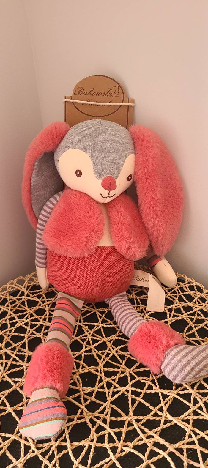 Doudou Lapin Natural rose gris blanc gilet BUKOWSKI