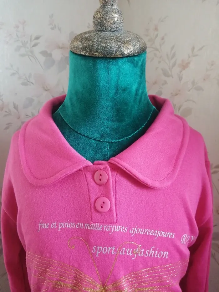 Pull fin rose avec col boutons imprimé papillon et message / tong tong / (8ans) - photo numéro 5