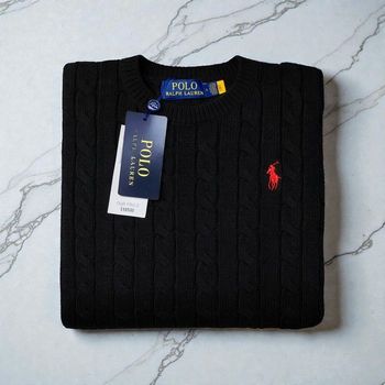 Pull torsadé à col rond Ralph Lauren - Taille XL - Noir logo brodé rouge - Neuf