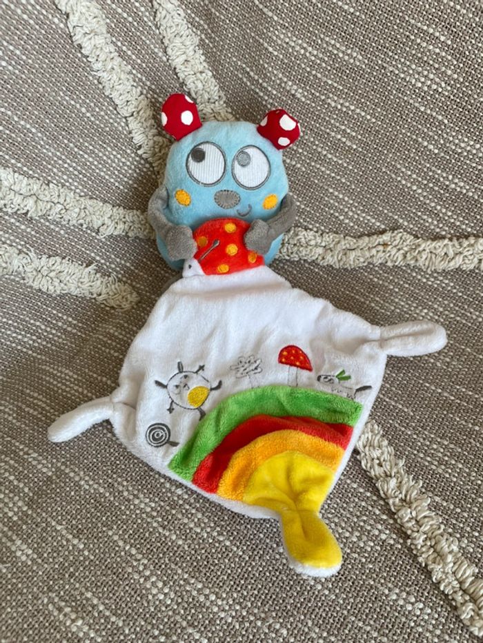 Peluche doudou mouchoir 13cm pommette coccinelle papillon bleu et blanc très bon état