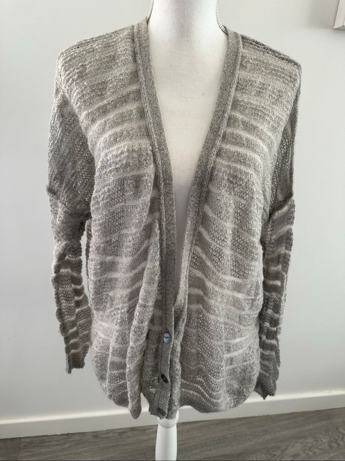 Cardigan oversize maille ajourée gris et blanc mohair Benetton T38 M