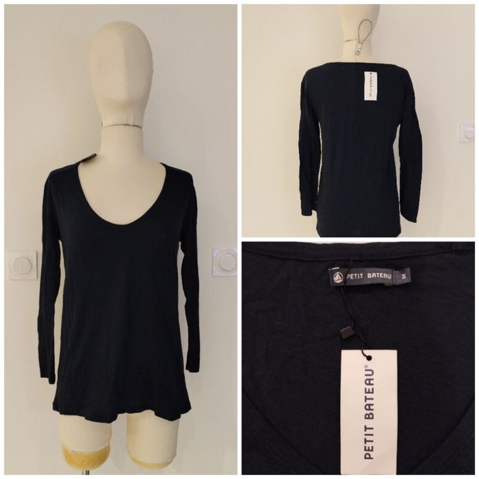 TEE-SHIRT FEMME BLEU MARINE VINTAGE A MANCHES LONGUES PETIT BATEAU T M/38