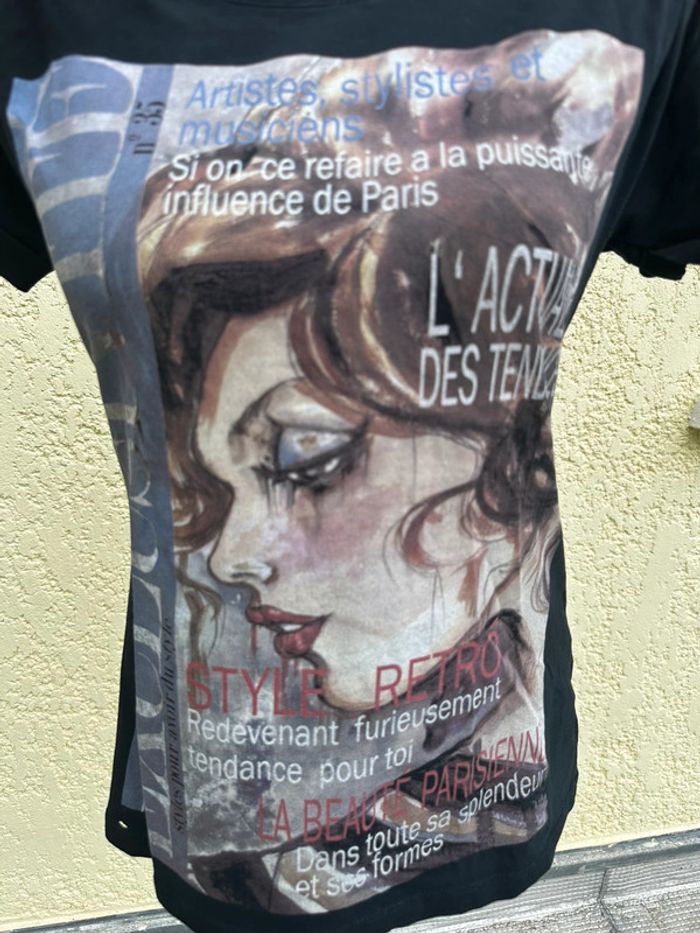 🎨 T-shirt Zara – Taille M – Motif magazine & peinture - photo numéro 3