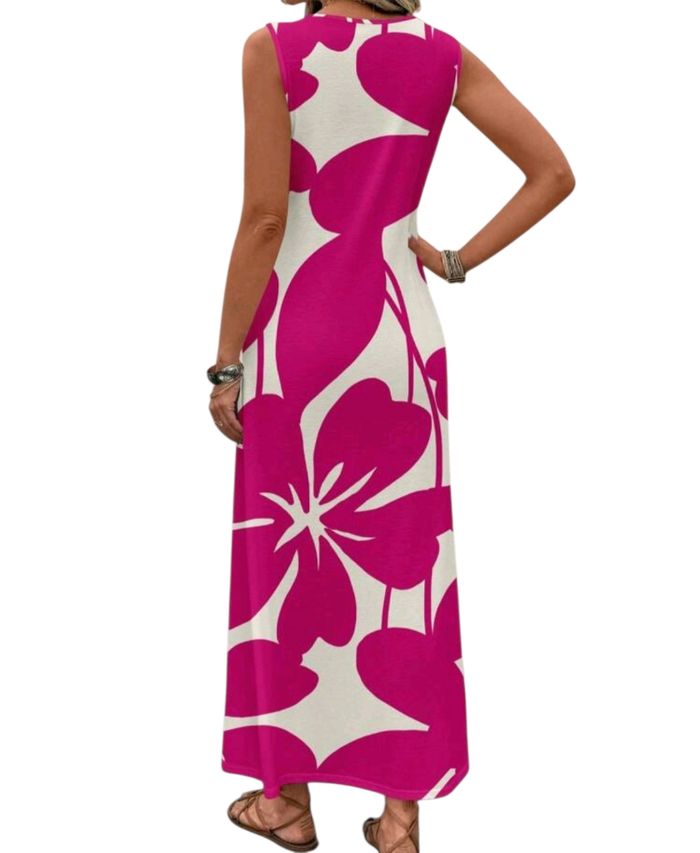 Robe longue décontracté et ample aux motifs floraux fuchsia blanc taille M - photo numéro 2