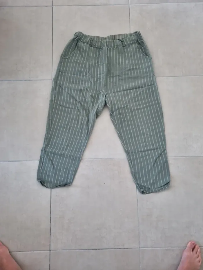 Pantalon en lin rayures kaki - photo numéro 4