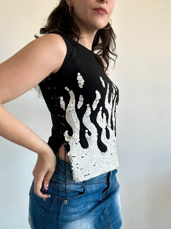 Haut vintage y2k à sequins et laçage noir et beige taille S - photo numéro 6