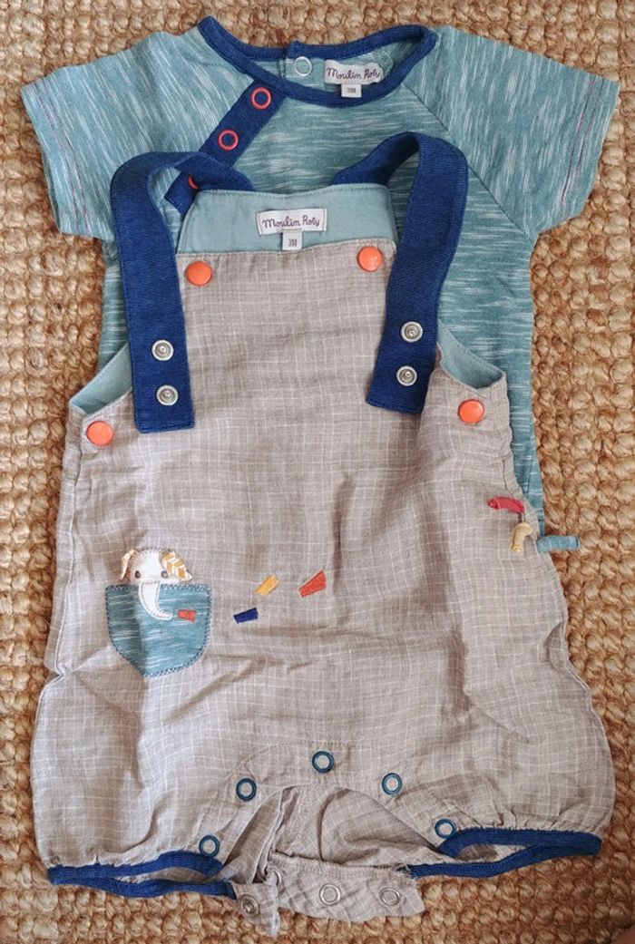 Ensemble salopette t.shirt Moulin Roty les Papoum 3 mois - photo numéro 2