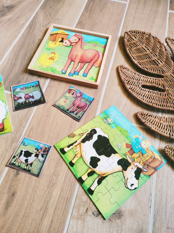 🐴Coffret Puzzles 3 en 1  les animaux à la campagne en bois marque Gerardo Toys - photo numéro 2