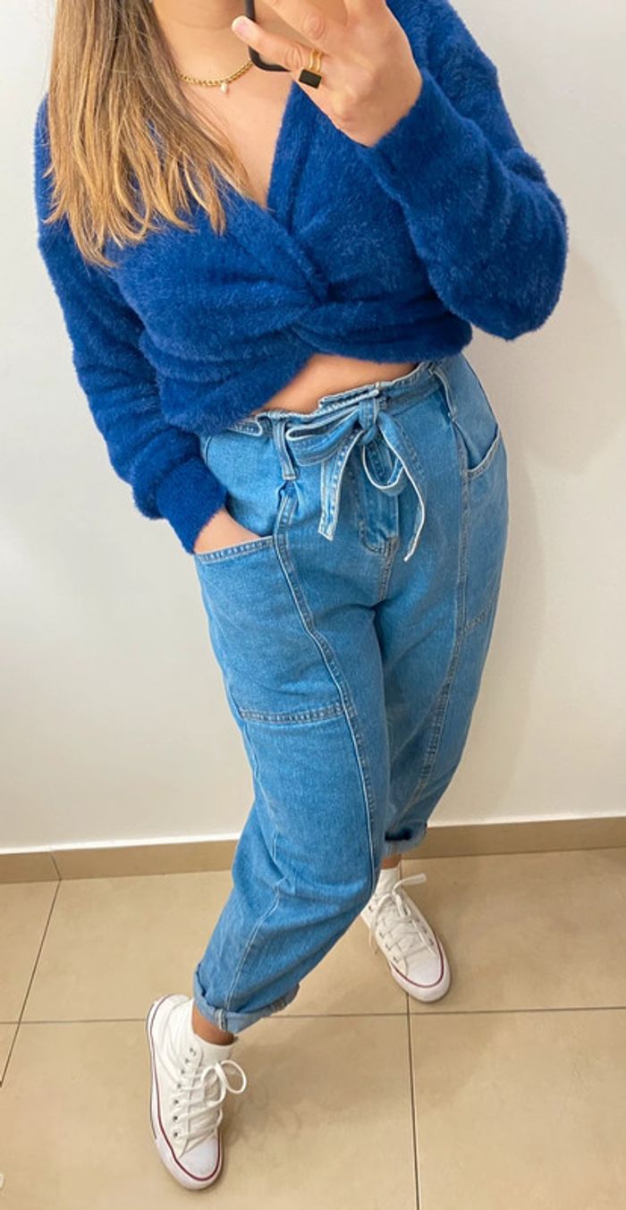 Pull Court Croisé Bleu Marine Duveteux Taille Unique - photo numéro 5