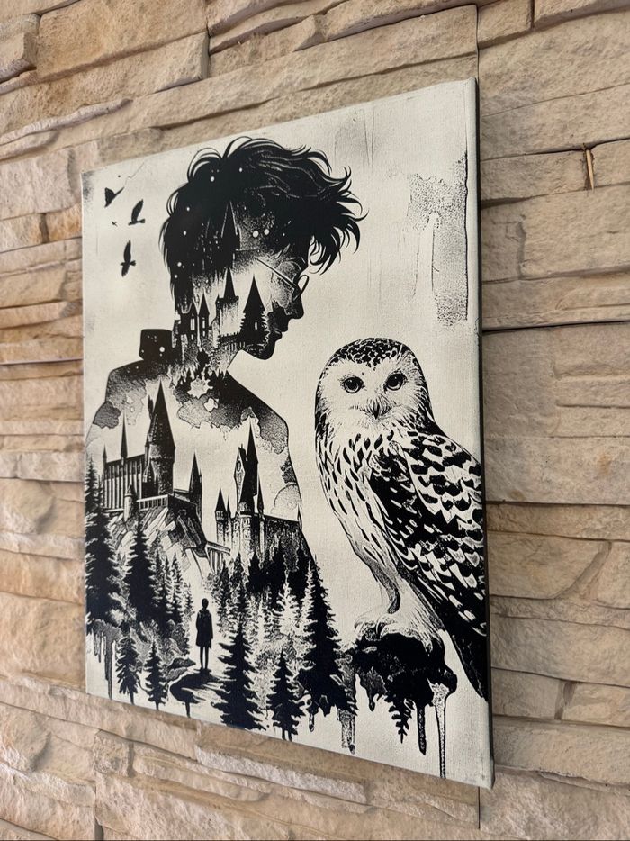 Tableau Harry Potter silhouette Edwige et Poudlard en toile 30x40cm - photo numéro 3
