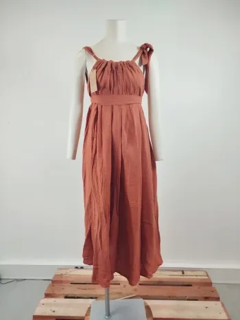 Robe longue rouille Quintessence en coton, effet gaufré, nouée à l'épaule, style bohème A1564
