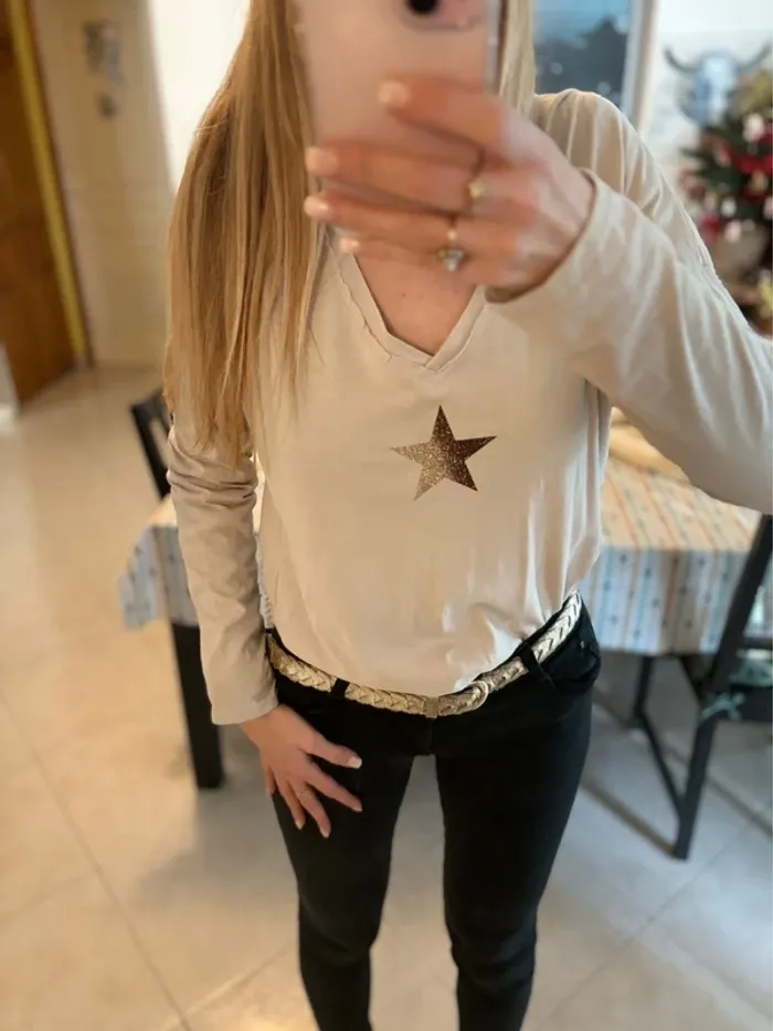 Tee-shirt coton manches longues étoiles beige-Taille unique - photo numéro 6