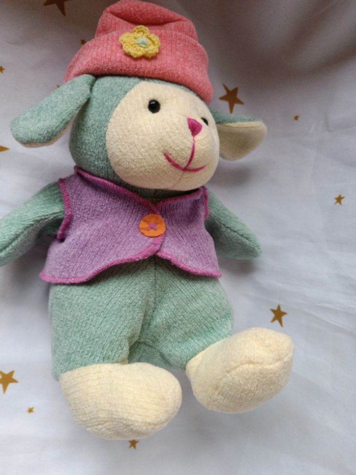 Peluche plush Teddy doudou sample bille bonnet chapeau cap gilet vert green mouton animal sheep - photo numéro 7