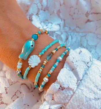 Lot de 4 bracelets perles bleu & doré – style bohème été, neufs