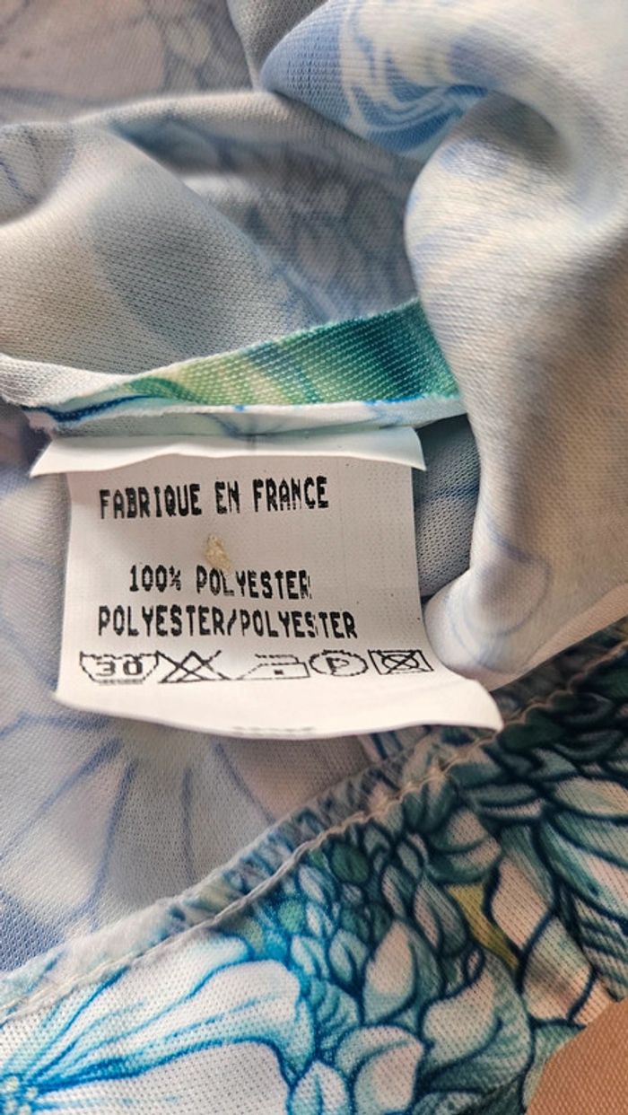 Chemisier vintage Afibel T50- fleurs bleu vert, épaulettes et lien à nouer - photo numéro 7