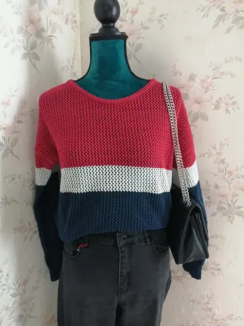 Pull fin en maille ajouré tricolore bleu blanc rouge / gémo / (M)