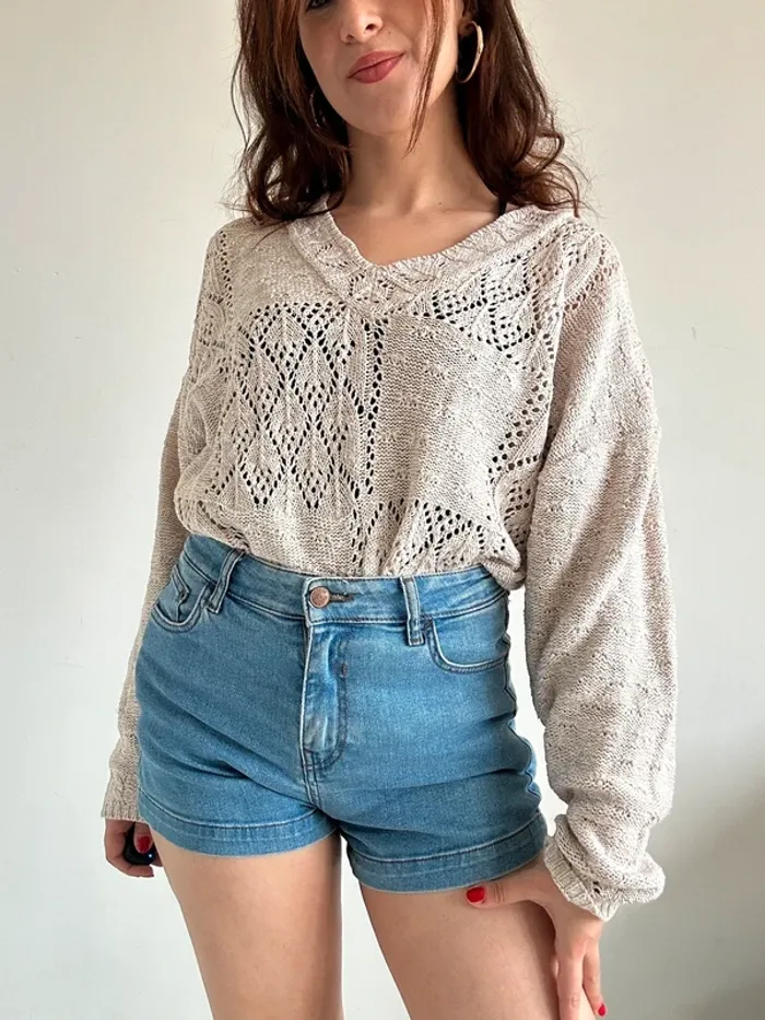 Pull vintage années 80 beige col V oversize taille M - photo numéro 7