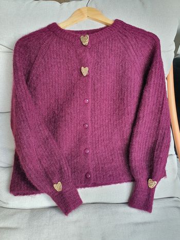 Cardigan pull laine prune bouton doré
