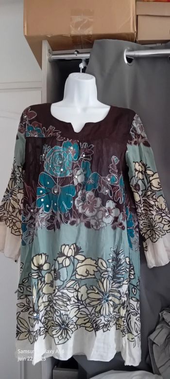 Robe tunique estivale semitransparente motif floral avec sequins multicolore femme XL