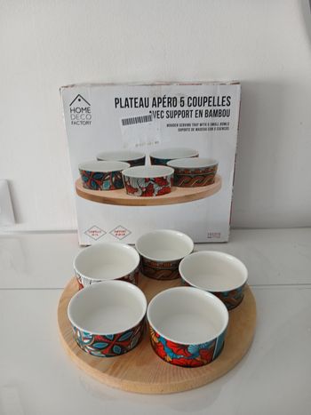 Plateau Apéro 5 Coupelles en Céramique & Support Bambou