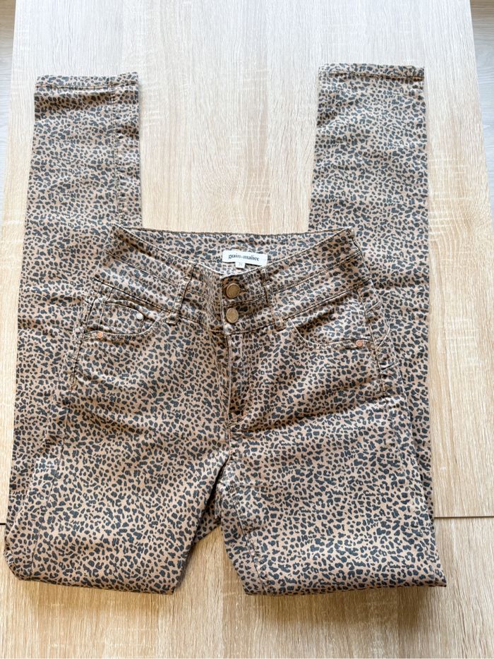 Pantalon slim taille haute luisant marron noir léopard grain de malice taille 34 XS - photo numéro 2