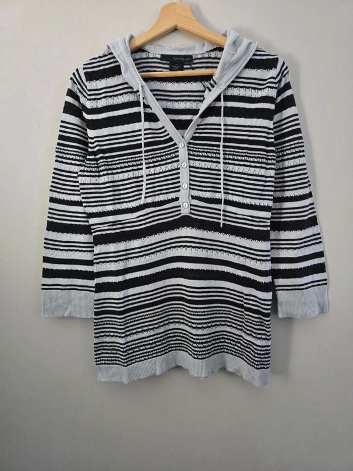 Sweat à capuche Calvin Klein Jeans rayé noir et blanc femme taille L – Style décontracté chic