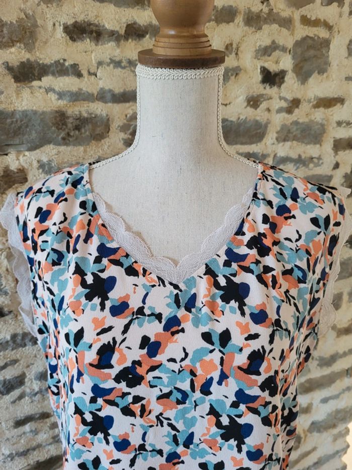 Blouse manches courtes à motifs et dentelle écrue corail et bleu turquoise Pull&Bear Taille 42 - photo numéro 2
