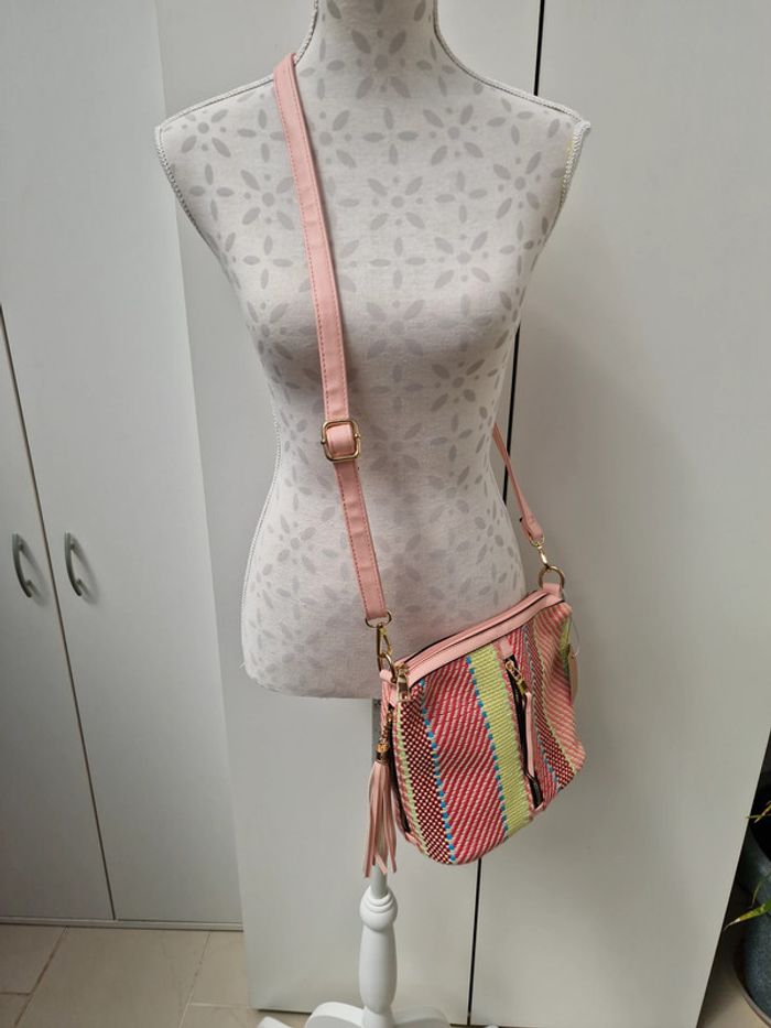 Sac Bandoulière Tressé Multicolore Pompons Franges Roses - photo numéro 3