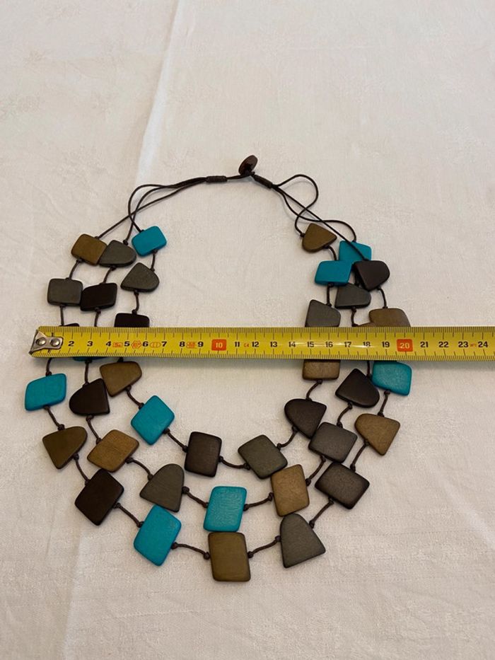 Collier trois rangs en perles de bois plates tons bruns et turquoise neuf - photo numéro 13