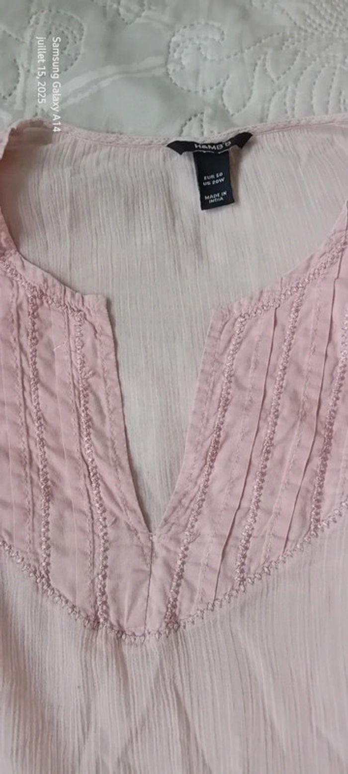Blouse longue légère col V avec broderies aspect plissé rose femme 48/50 h&m BB - photo numéro 10