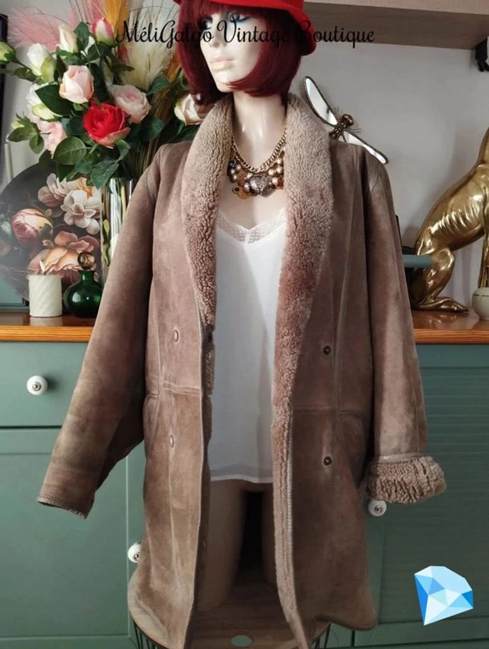 🌹 Manteau Cuir/Daim Velours Beige Clair Doublé Sherpa Vintage T40/42🌹 - photo numéro 11