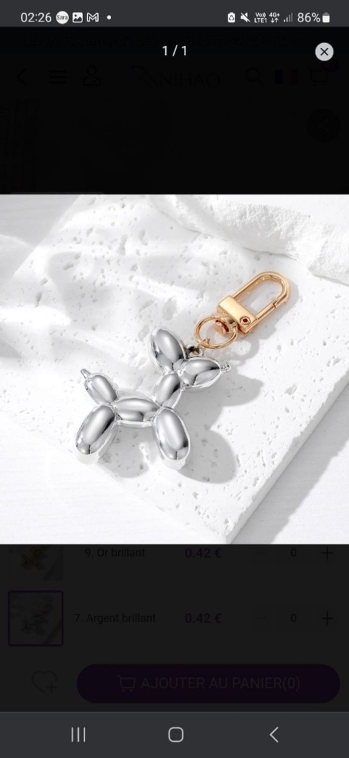 Beau petit porte clé chien argenté