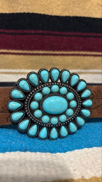 Ceinture neuve femme marron boucle turquoise style western amérindien bohème chic taille M 110 cm