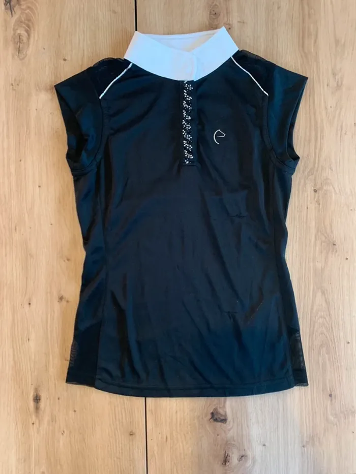Polo  Sans  Manche  Equitheme  Noir, Taille  XXS,  Strass  sous  le  Col  Blanc, Très Bon État