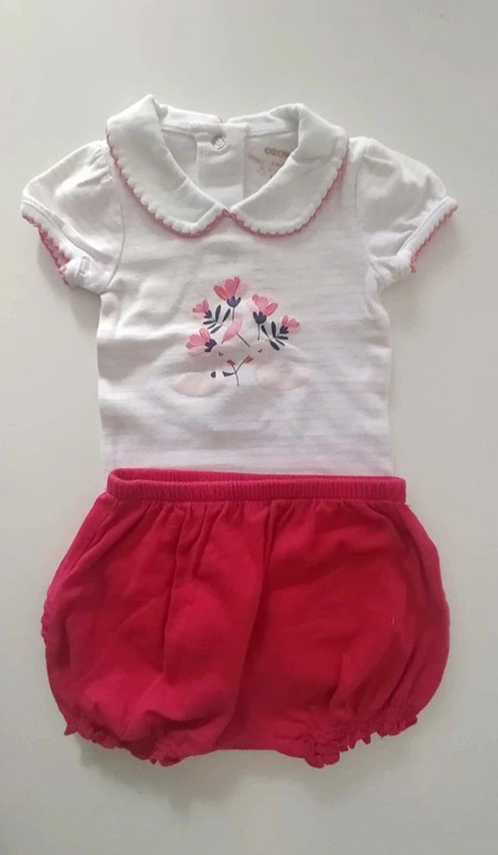 Ensemble body manches courtes (Orchestra) et shorts (Du pareil au même) taille 6 mois.