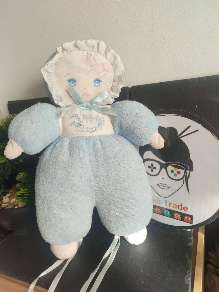 Ancien doudou poupée chiffon tissu bleu blanc mundia chat éponge Noeud Peluche - photo numéro 2