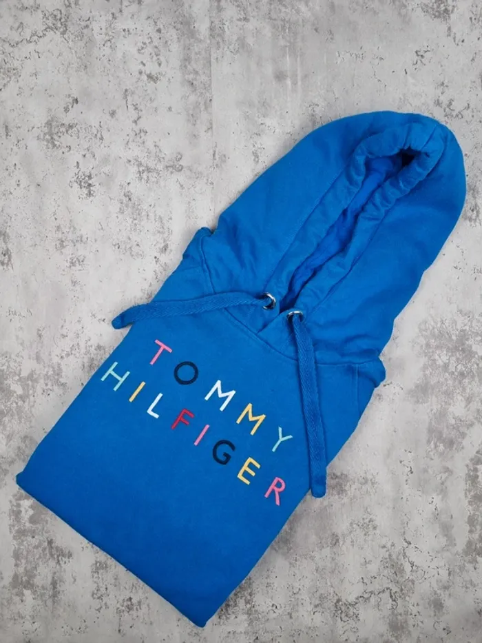 Sweat à capuche bleu Tommy Hilfiger – Taille L Femme (mesures en photos)
