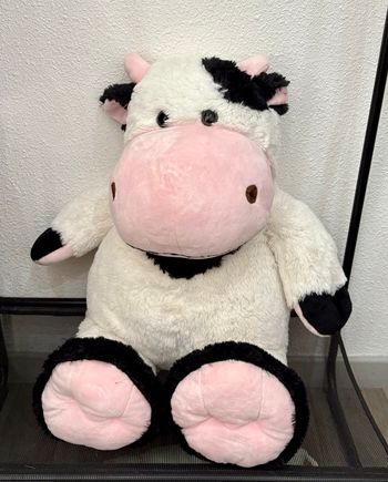 Grande peluche vache blanche, noire et rose