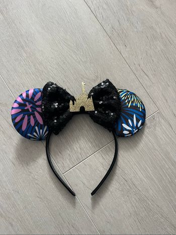 Serre-tête oreilles Minnie Disney – Motif feux d’artifice et nœud sequins noirs