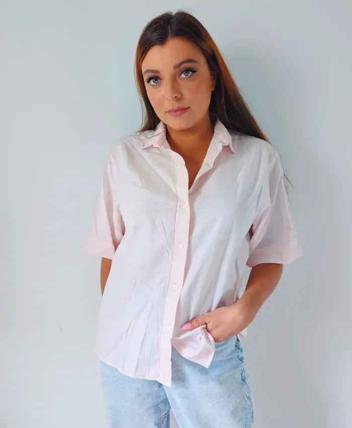 Chemise manches courtes coton rose pâle ample style vintage rétro Printemps Taille 38 - photo numéro 5