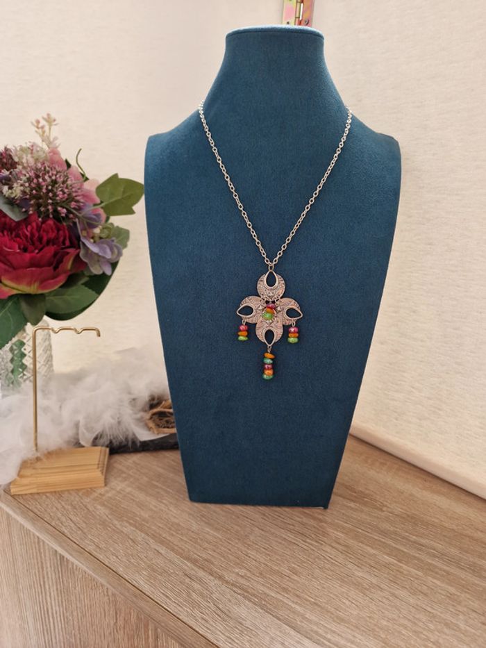 Collier Vintage Ethnique Boheme Argenté Perles Multicolore - photo numéro 2