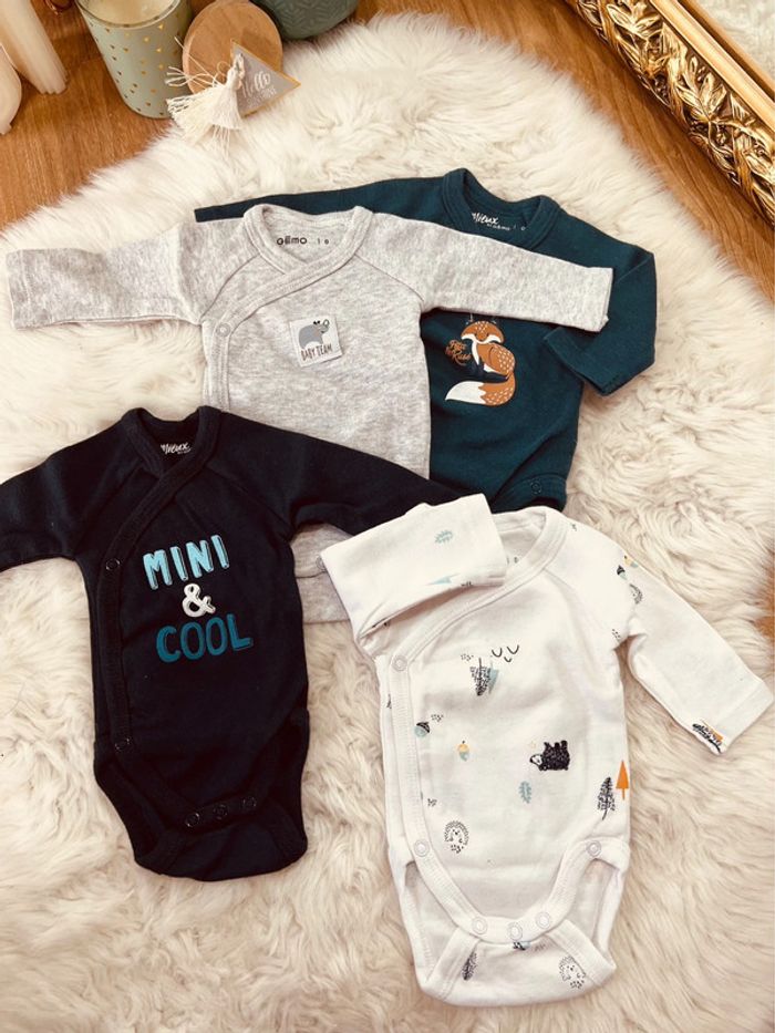 Taille naissance lot de 4 bodies manches longues garçon Gemo blanc bleu gris marine 💙 - photo numéro 3