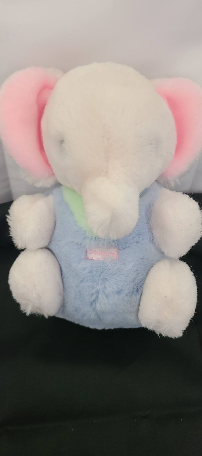 Ancienne peluche doudou Elephant Vintage bleu blanc rose grelot Boulgom 22 cm
