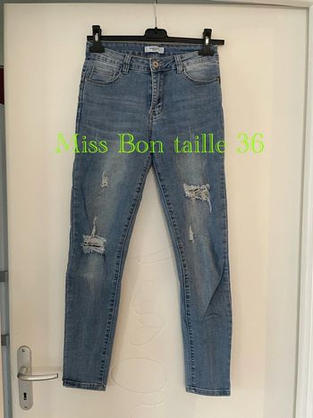 Jean ultra extensible bleu taille haute coupe skinny effet déchiré Miss Bon taille 36