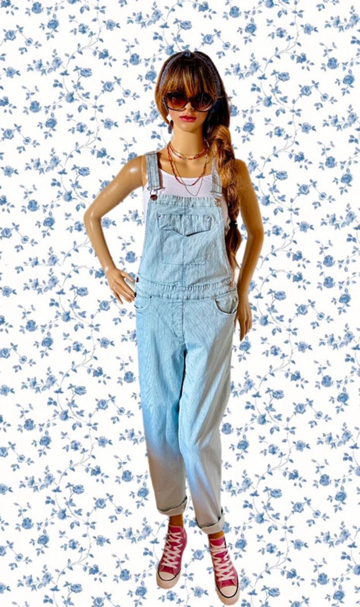 🩵Salopette longue rayée vintage 2000 Y2K white blue striped overalls🩵 - photo numéro 4