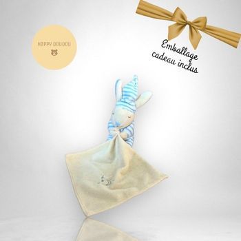 Doudou Lapin rayures bleues mouchoir jaune Pedro DP45