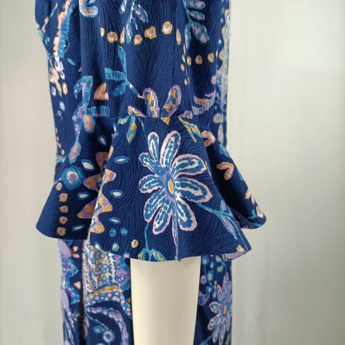 Robe longue bleu nuit imprimé cachemire, manches volantées, doublée, taille estimée M A1217 - photo numéro 8