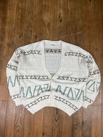 Pull cardigan maille vintage coton motifs rayures blanc M